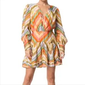 A53 Martina Long Sleeve Mini Ruffle Orange Yellow Blue Dress Large NWT Ciebon